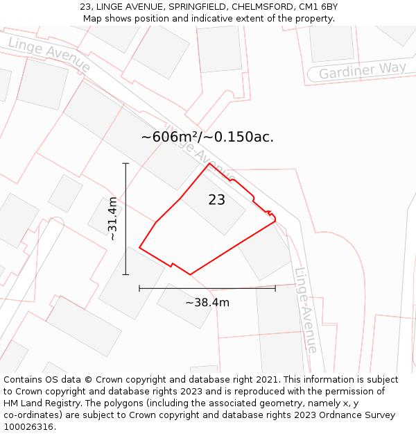 23, LINGE AVENUE, SPRINGFIELD, CHELMSFORD, CM1 6BY: Plot and title map