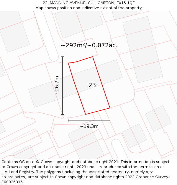23, MANNING AVENUE, CULLOMPTON, EX15 1QE: Plot and title map