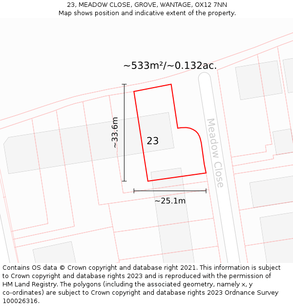 23, MEADOW CLOSE, GROVE, WANTAGE, OX12 7NN: Plot and title map