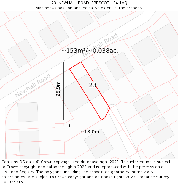 23, NEWHALL ROAD, PRESCOT, L34 1AQ: Plot and title map