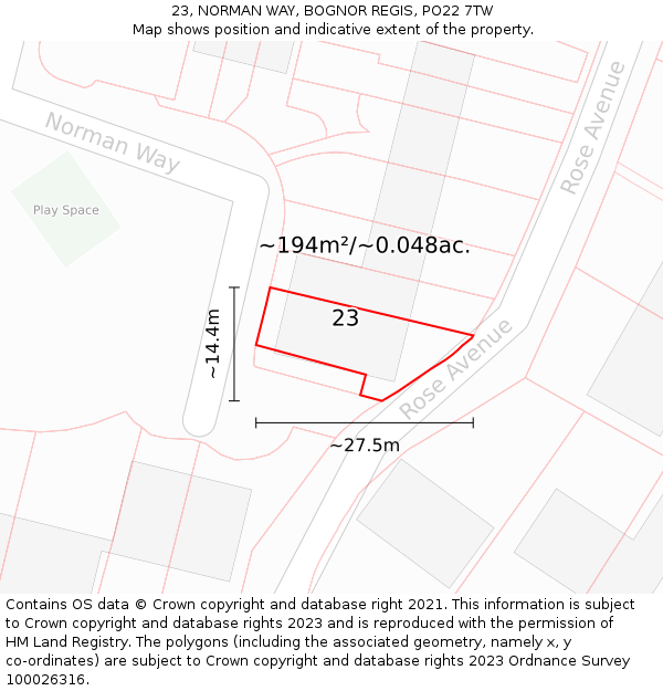 23, NORMAN WAY, BOGNOR REGIS, PO22 7TW: Plot and title map