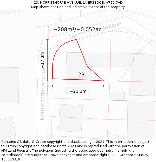 23, NORRISTHORPE AVENUE, LIVERSEDGE, WF15 7AD: Plot and title map