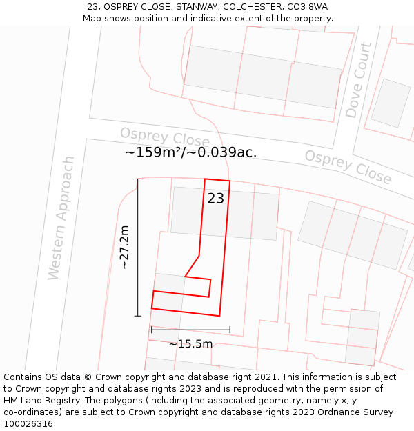 23, OSPREY CLOSE, STANWAY, COLCHESTER, CO3 8WA: Plot and title map