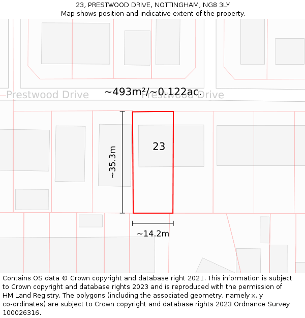 23, PRESTWOOD DRIVE, NOTTINGHAM, NG8 3LY: Plot and title map