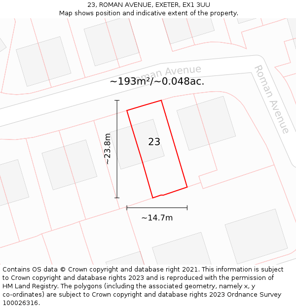 23, ROMAN AVENUE, EXETER, EX1 3UU: Plot and title map
