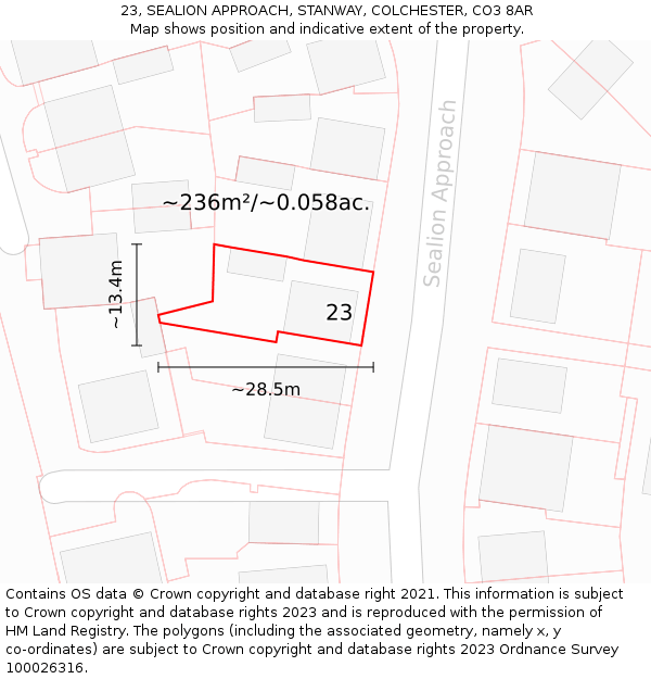 23, SEALION APPROACH, STANWAY, COLCHESTER, CO3 8AR: Plot and title map
