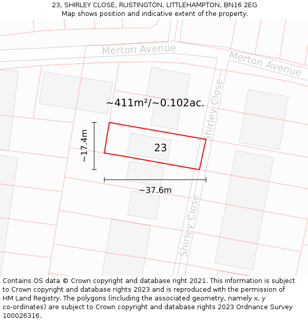 23, SHIRLEY CLOSE, RUSTINGTON, LITTLEHAMPTON, BN16 2EG: Plot and title map