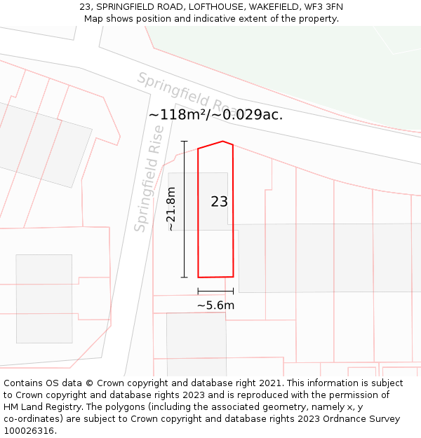 23, SPRINGFIELD ROAD, LOFTHOUSE, WAKEFIELD, WF3 3FN: Plot and title map