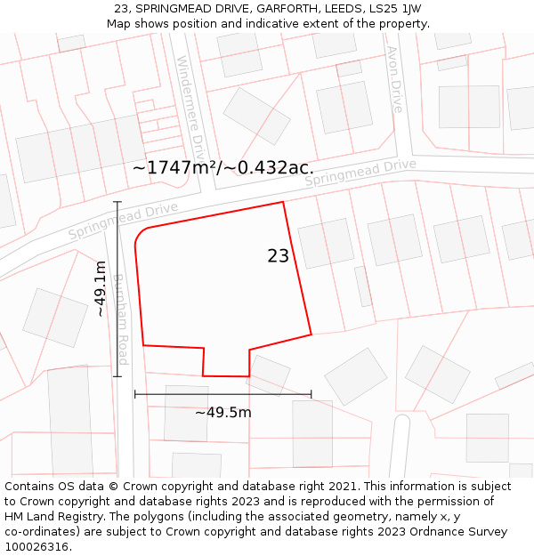 23, SPRINGMEAD DRIVE, GARFORTH, LEEDS, LS25 1JW: Plot and title map