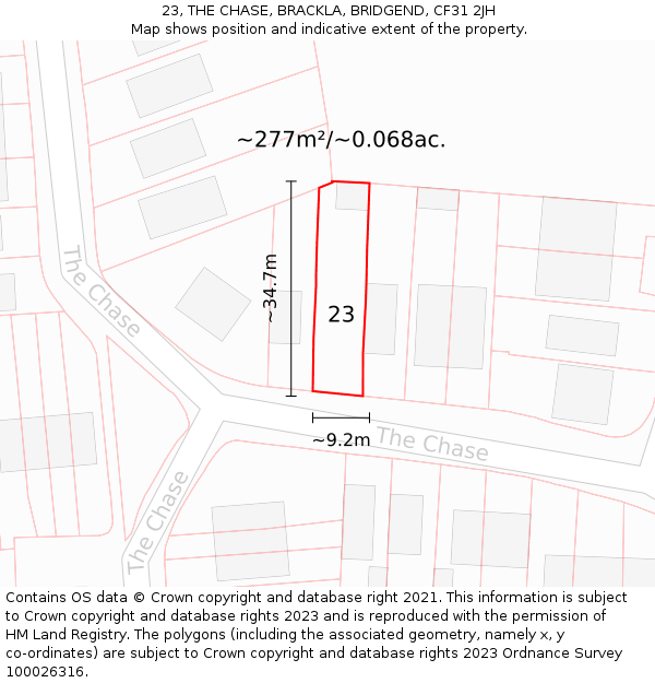 23, THE CHASE, BRACKLA, BRIDGEND, CF31 2JH: Plot and title map