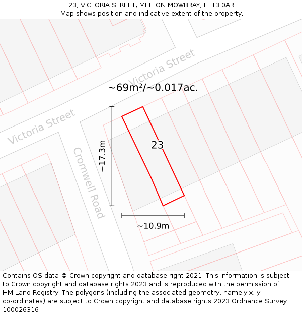 23, VICTORIA STREET, MELTON MOWBRAY, LE13 0AR: Plot and title map