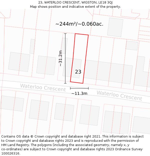 23, WATERLOO CRESCENT, WIGSTON, LE18 3QJ: Plot and title map