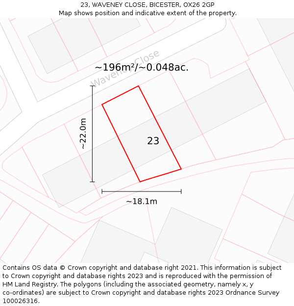 23, WAVENEY CLOSE, BICESTER, OX26 2GP: Plot and title map
