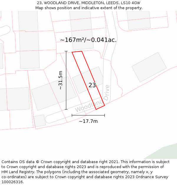 23, WOODLAND DRIVE, MIDDLETON, LEEDS, LS10 4GW: Plot and title map