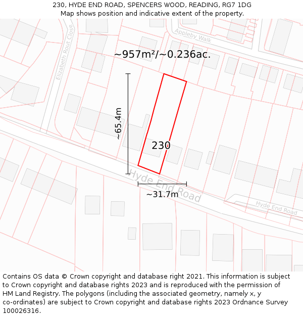 230, HYDE END ROAD, SPENCERS WOOD, READING, RG7 1DG: Plot and title map