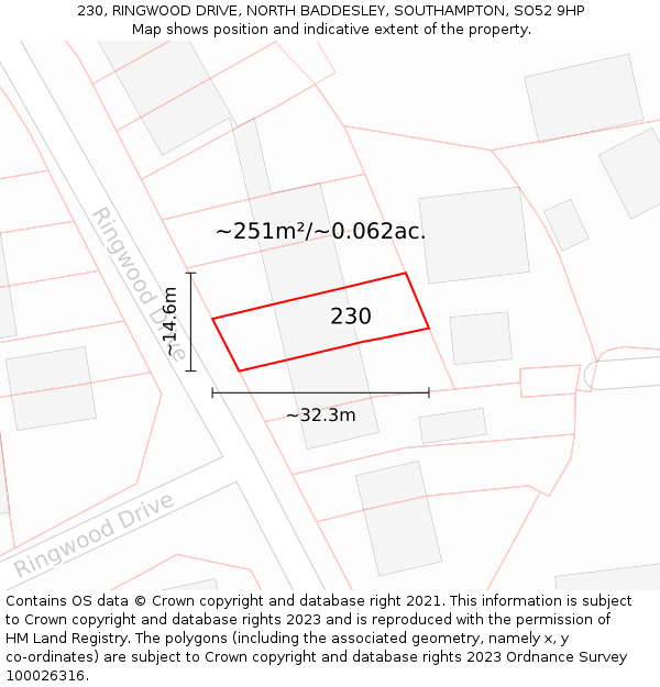 230, RINGWOOD DRIVE, NORTH BADDESLEY, SOUTHAMPTON, SO52 9HP: Plot and title map