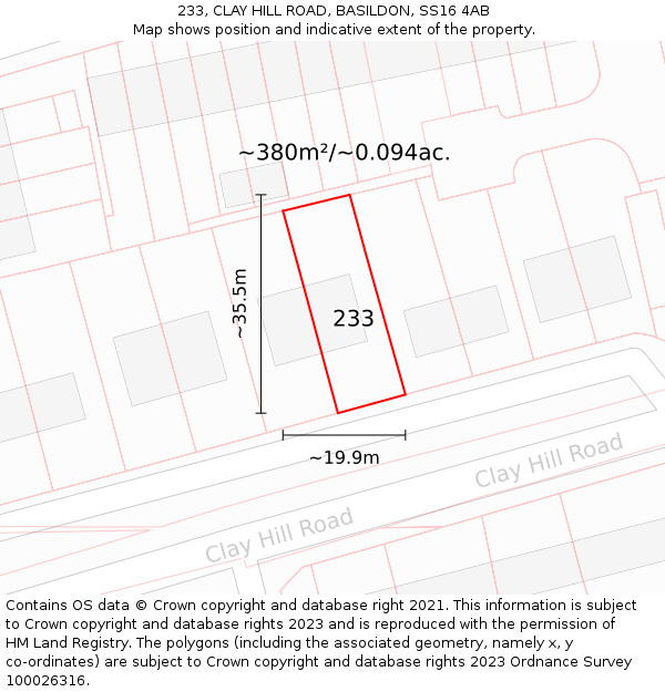 233, CLAY HILL ROAD, BASILDON, SS16 4AB: Plot and title map