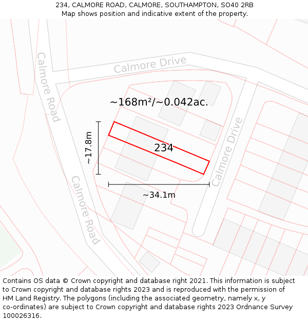 234, CALMORE ROAD, CALMORE, SOUTHAMPTON, SO40 2RB: Plot and title map