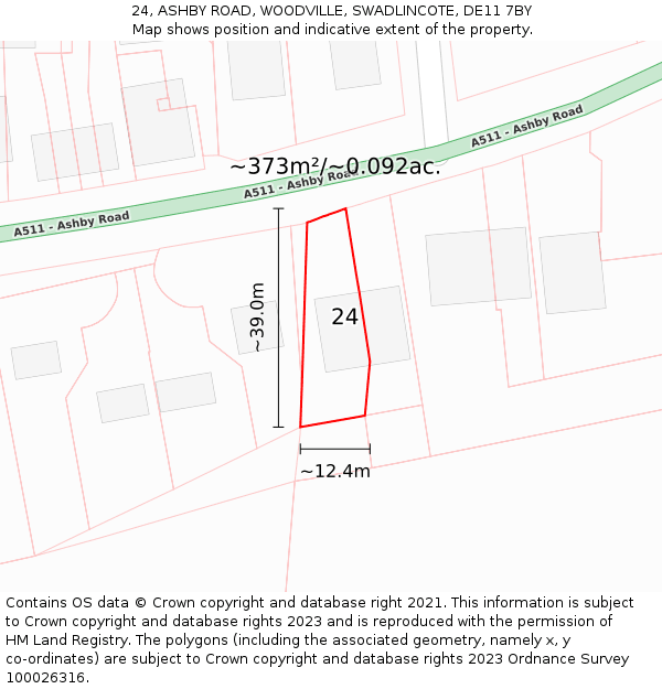 24, ASHBY ROAD, WOODVILLE, SWADLINCOTE, DE11 7BY: Plot and title map