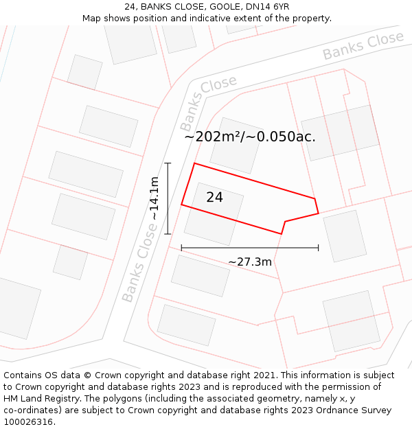 24, BANKS CLOSE, GOOLE, DN14 6YR: Plot and title map