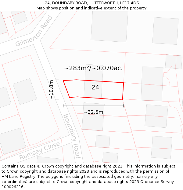 24, BOUNDARY ROAD, LUTTERWORTH, LE17 4DS: Plot and title map