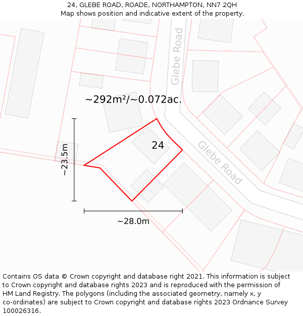 24, GLEBE ROAD, ROADE, NORTHAMPTON, NN7 2QH: Plot and title map