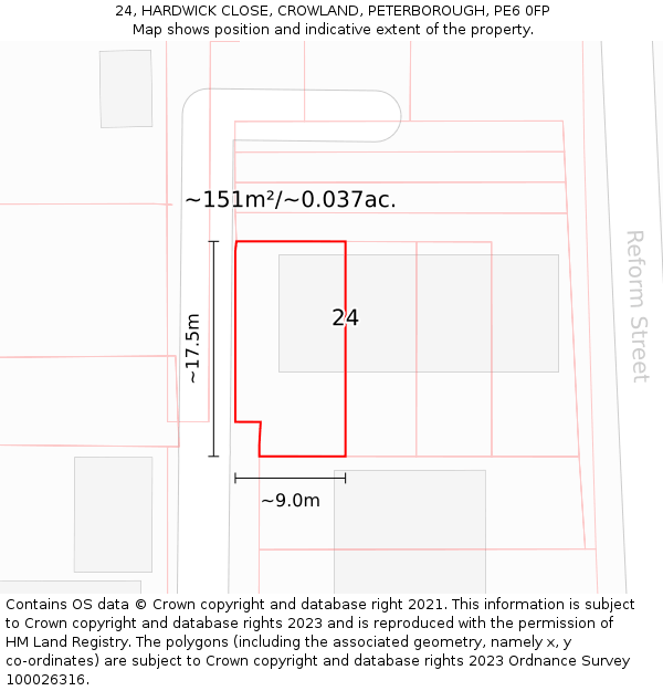 24, HARDWICK CLOSE, CROWLAND, PETERBOROUGH, PE6 0FP: Plot and title map
