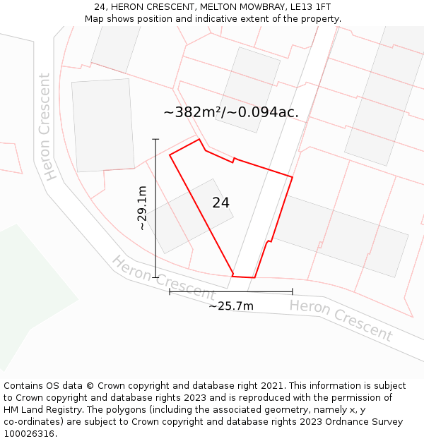 24, HERON CRESCENT, MELTON MOWBRAY, LE13 1FT: Plot and title map