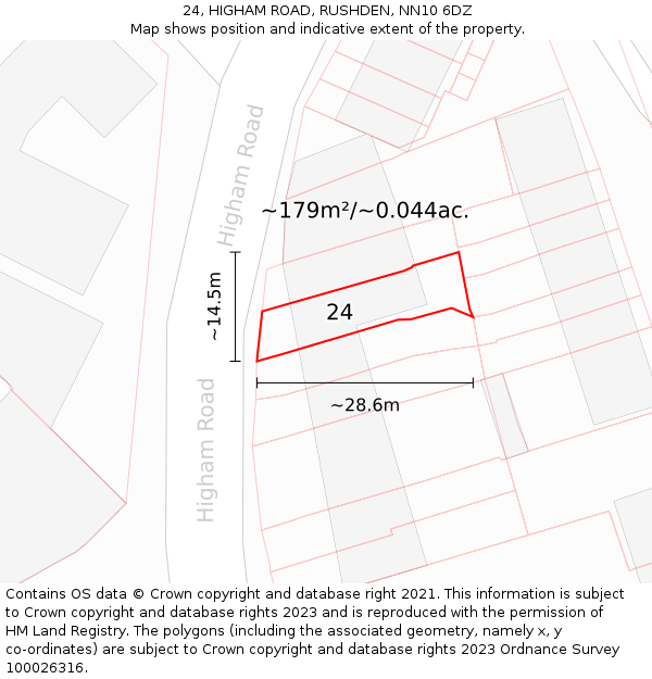 24, HIGHAM ROAD, RUSHDEN, NN10 6DZ: Plot and title map