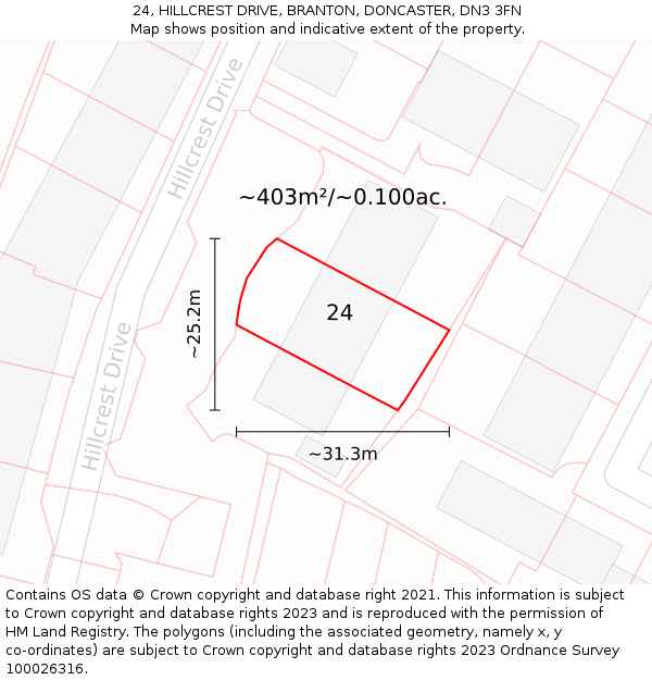 24, HILLCREST DRIVE, BRANTON, DONCASTER, DN3 3FN: Plot and title map