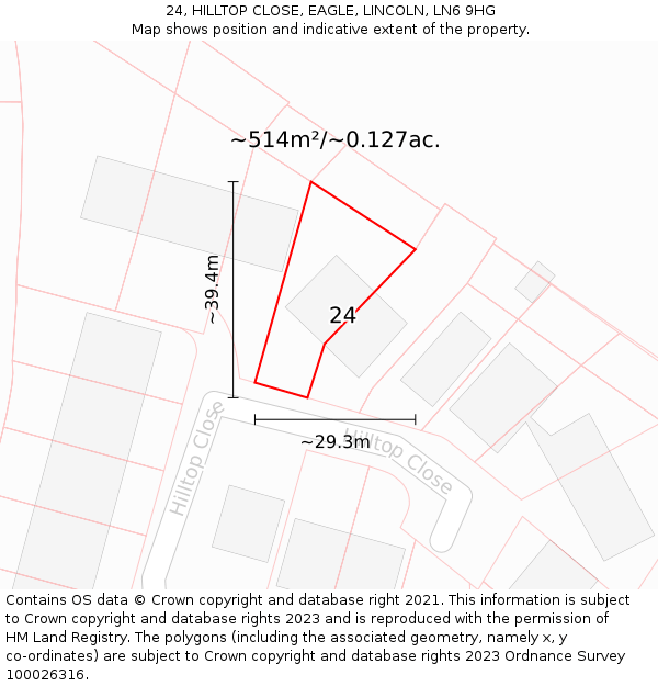 24, HILLTOP CLOSE, EAGLE, LINCOLN, LN6 9HG: Plot and title map