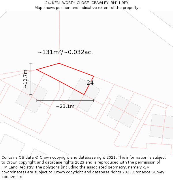 24, KENILWORTH CLOSE, CRAWLEY, RH11 9PY: Plot and title map