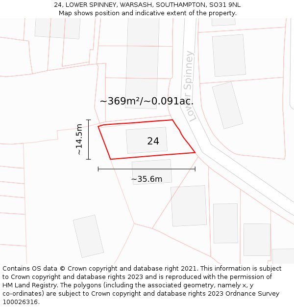 24, LOWER SPINNEY, WARSASH, SOUTHAMPTON, SO31 9NL: Plot and title map