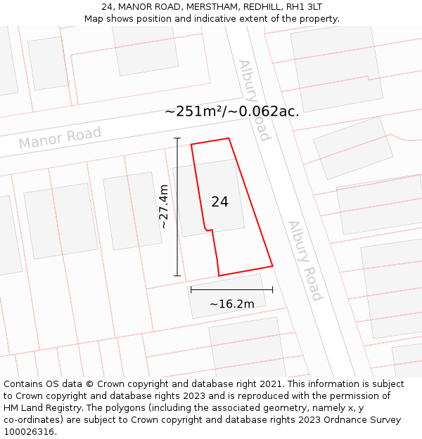 24, MANOR ROAD, MERSTHAM, REDHILL, RH1 3LT: Plot and title map