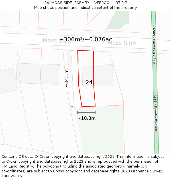 24, MOSS SIDE, FORMBY, LIVERPOOL, L37 3JZ: Plot and title map