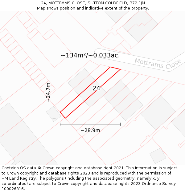 24, MOTTRAMS CLOSE, SUTTON COLDFIELD, B72 1JN: Plot and title map