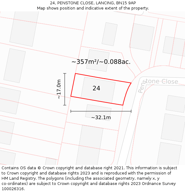 24, PENSTONE CLOSE, LANCING, BN15 9AP: Plot and title map
