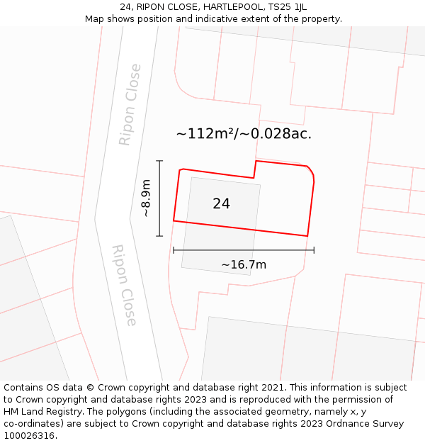 24, RIPON CLOSE, HARTLEPOOL, TS25 1JL: Plot and title map