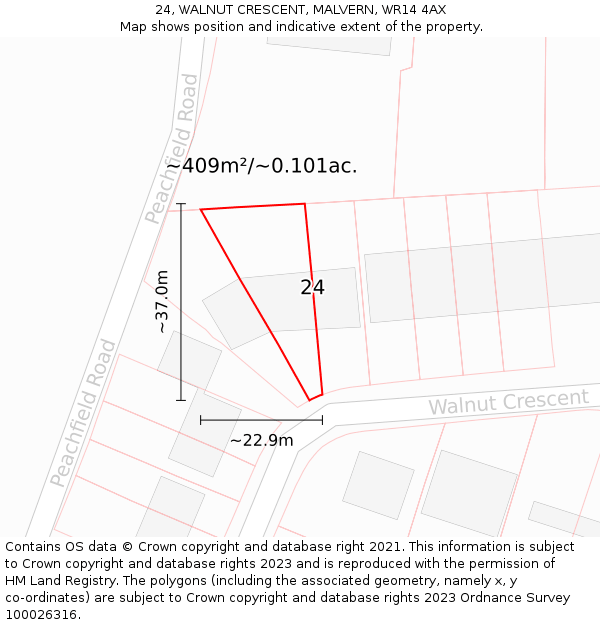 24, WALNUT CRESCENT, MALVERN, WR14 4AX: Plot and title map