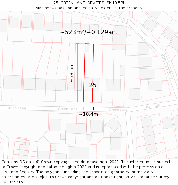 25, GREEN LANE, DEVIZES, SN10 5BL: Plot and title map