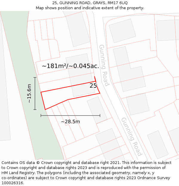 25, GUNNING ROAD, GRAYS, RM17 6UQ: Plot and title map