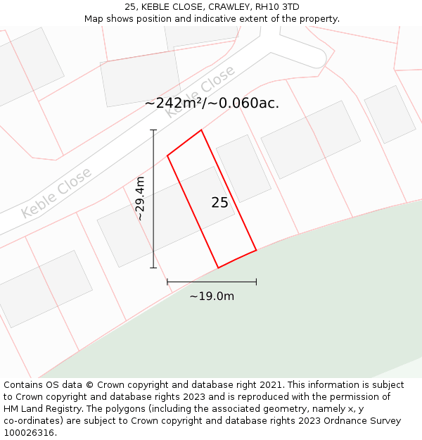 25, KEBLE CLOSE, CRAWLEY, RH10 3TD: Plot and title map