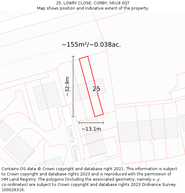 25, LOWRY CLOSE, CORBY, NN18 0QT: Plot and title map