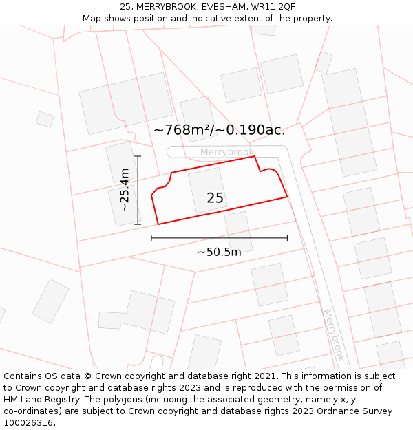 25, MERRYBROOK, EVESHAM, WR11 2QF: Plot and title map