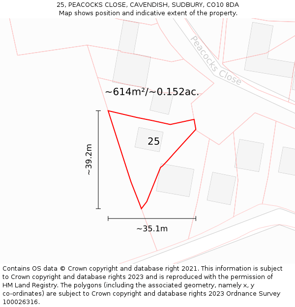25, PEACOCKS CLOSE, CAVENDISH, SUDBURY, CO10 8DA: Plot and title map