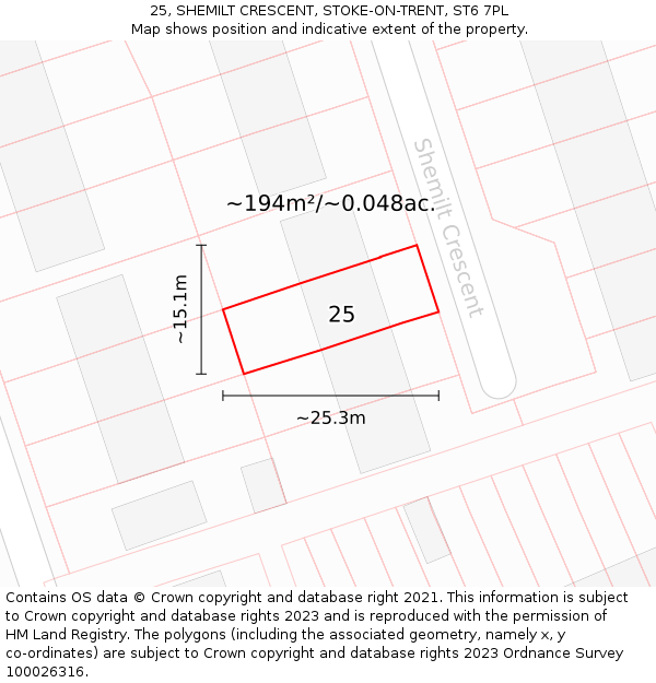 25, SHEMILT CRESCENT, STOKE-ON-TRENT, ST6 7PL: Plot and title map