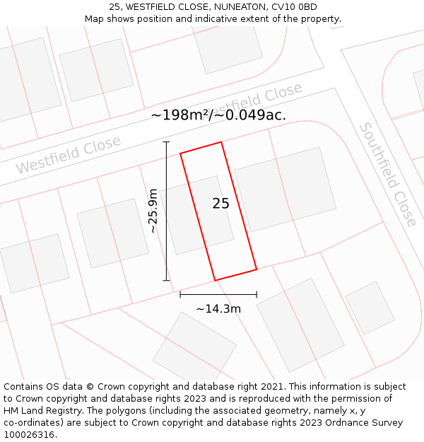 25, WESTFIELD CLOSE, NUNEATON, CV10 0BD: Plot and title map