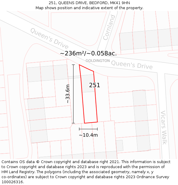 251, QUEENS DRIVE, BEDFORD, MK41 9HN: Plot and title map