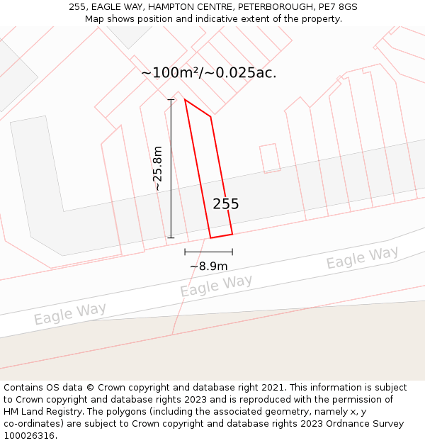 255, EAGLE WAY, HAMPTON CENTRE, PETERBOROUGH, PE7 8GS: Plot and title map
