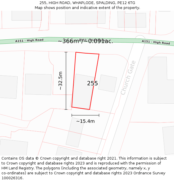 255, HIGH ROAD, WHAPLODE, SPALDING, PE12 6TG: Plot and title map
